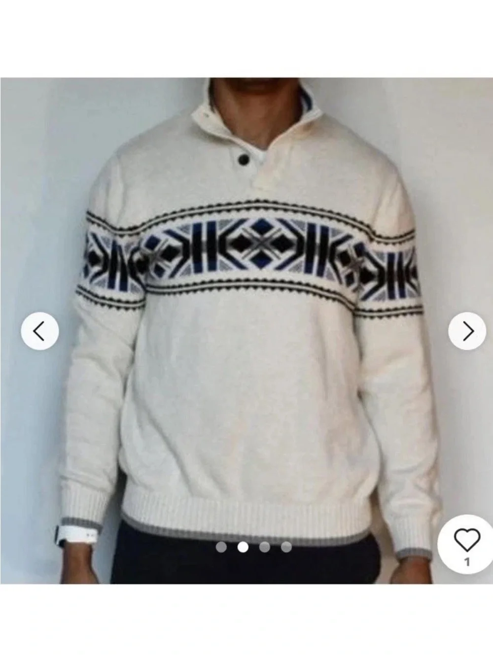 CHAPS Nordic Sweater Men’s S Ivory Fair Isle Mock Neck Cotton